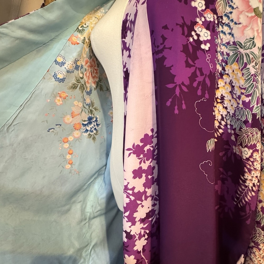 Vintage Reversible Japanese Rayon Kimono Robe Purple Floral Made Japan 1930s - Picture 14 of 16